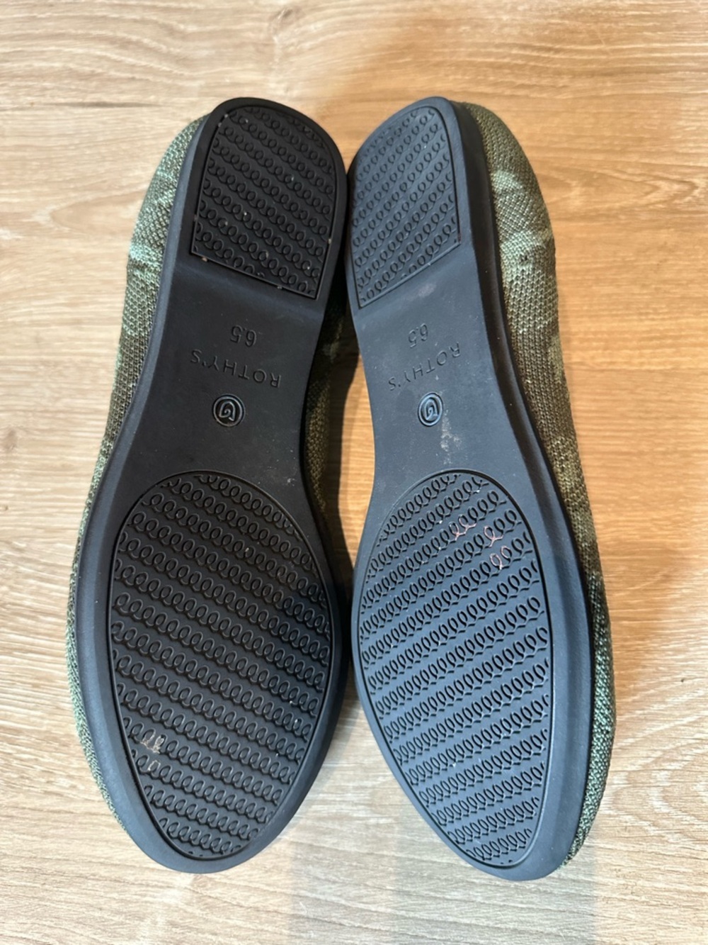 Rothy's Olive Green Camo Knit Slip-On Flats with Blue Trim - Picture 3 of 4